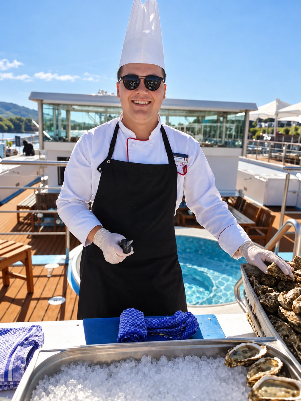Chef Bogdan Drăghici shucking oysters on a ship’s deck