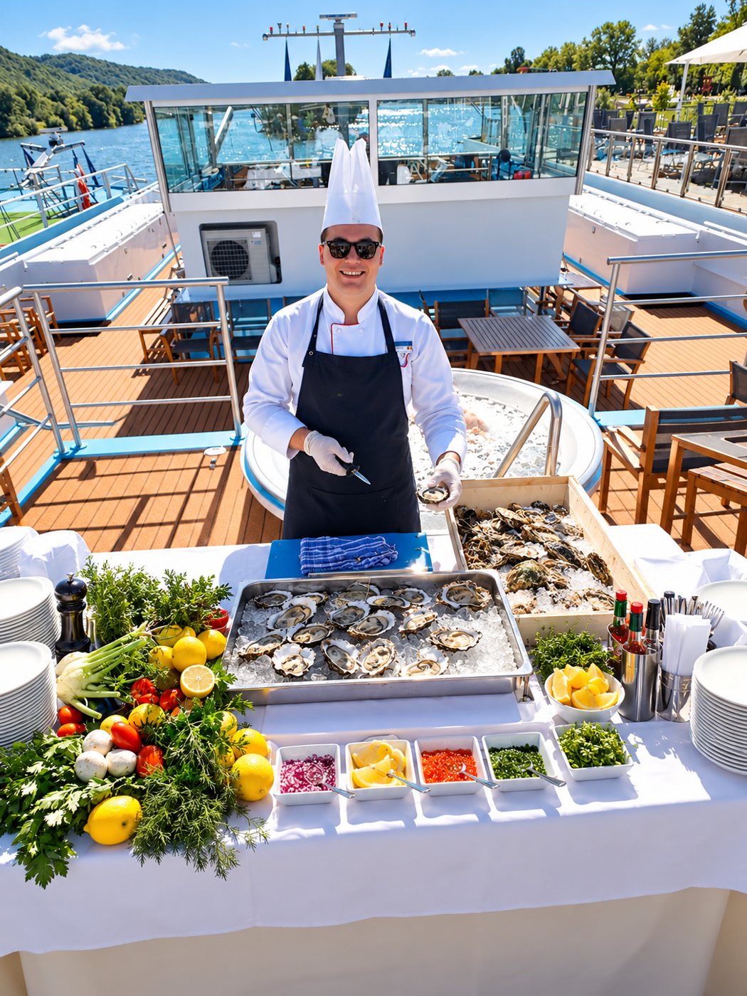 Oyster bar on deck with fresh garnishes