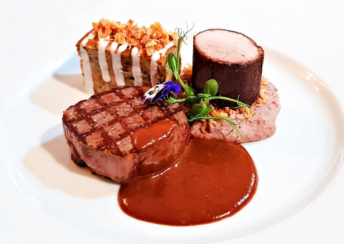 Grilled beef fillet, pork tenderloin and demi-glace